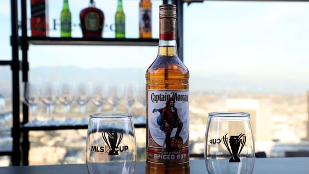 Nov 4, 2022; Los Angeles, California, US; A bottle of the Captain Morgan on the bar at the MLS Cup Championship-Partner Happy Hour at the InterContinental Los Angeles Downtown. Mandatory Credit: Kiyoshi Mio-USA TODAY Sports